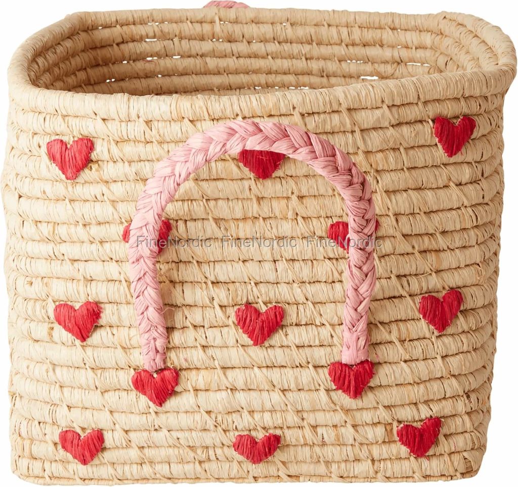 Rice raffiakurv med hank 30x30 cm, Red hearts