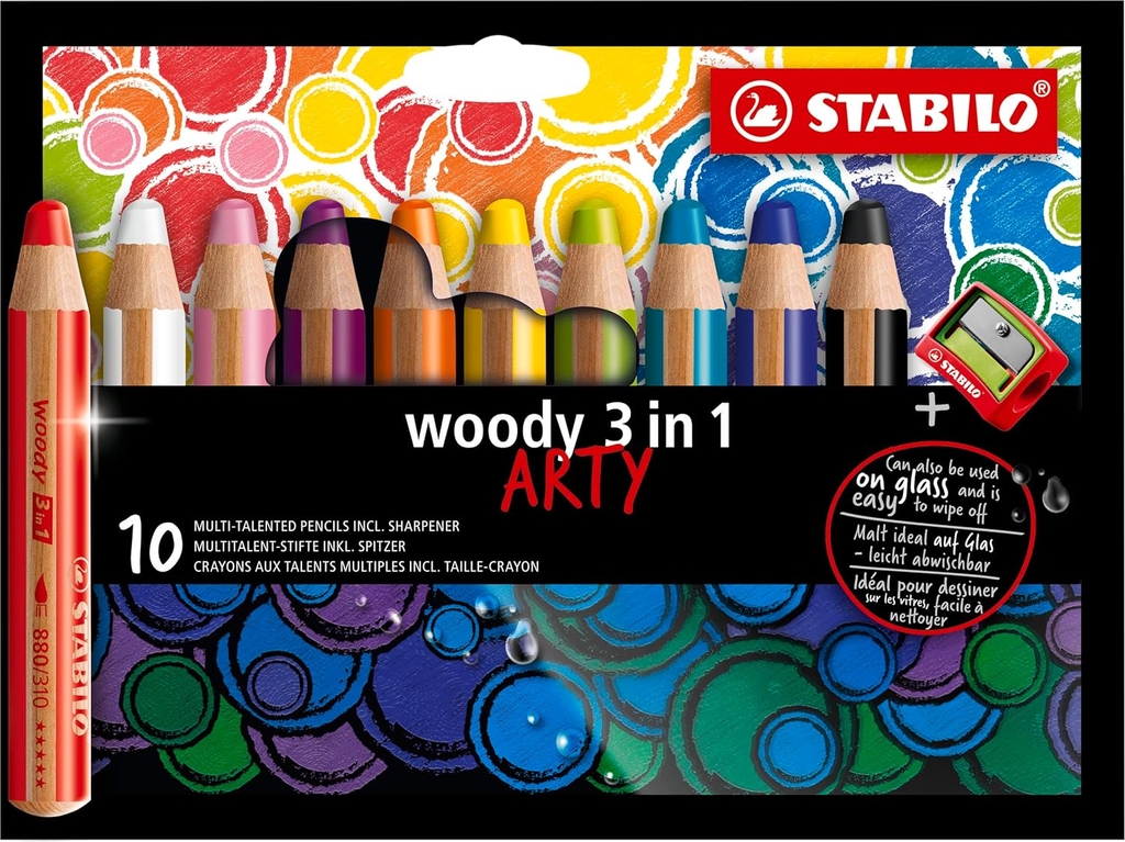 STABILO woody Arty 3 in 1 cardboard wallet of 10 pens incl. a sharpener