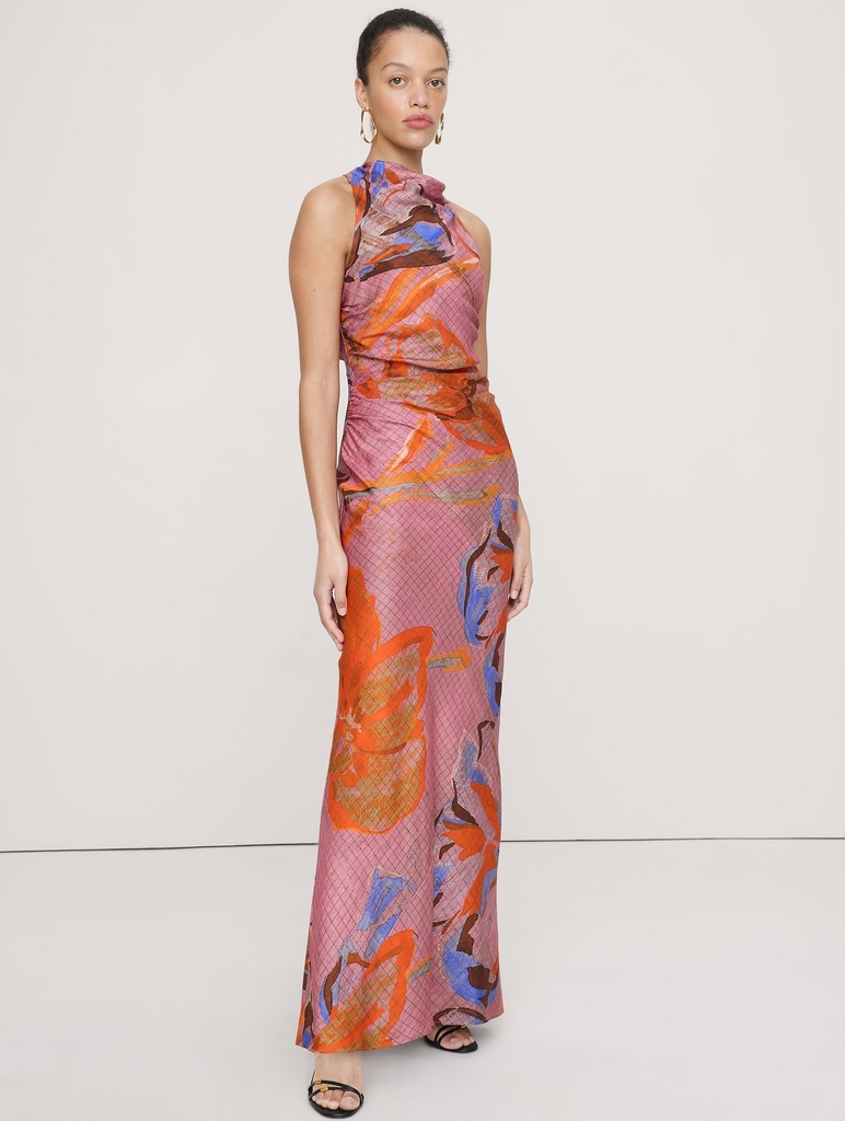 viscose-linen cowl-neck dress