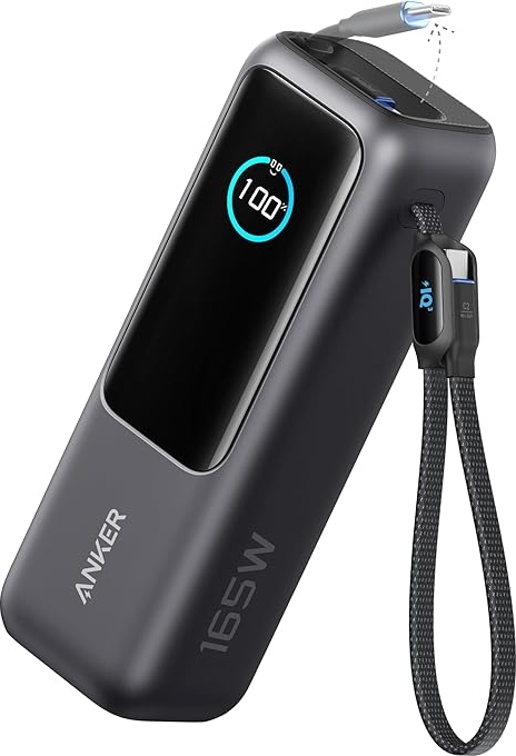Anker - Power bank - built-in and retractable cables - 165 Watt - 25000 mAh - utgångskontakter: 3 - space black