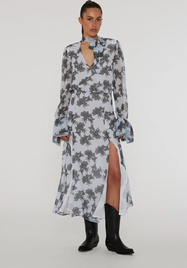 ROTATE Birger Christensen Chiffon Bow Midi Dress Kvinde Delicate Lace + Rock Ridge Comb. Midi Kjoler Str 34 - hos Magasin