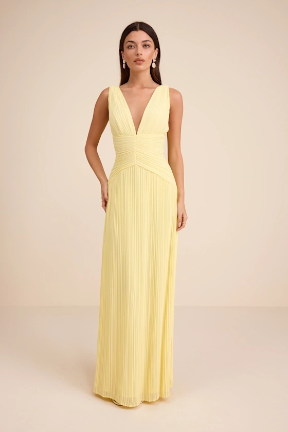 kelina light yellow pleated drop waist maxi dress