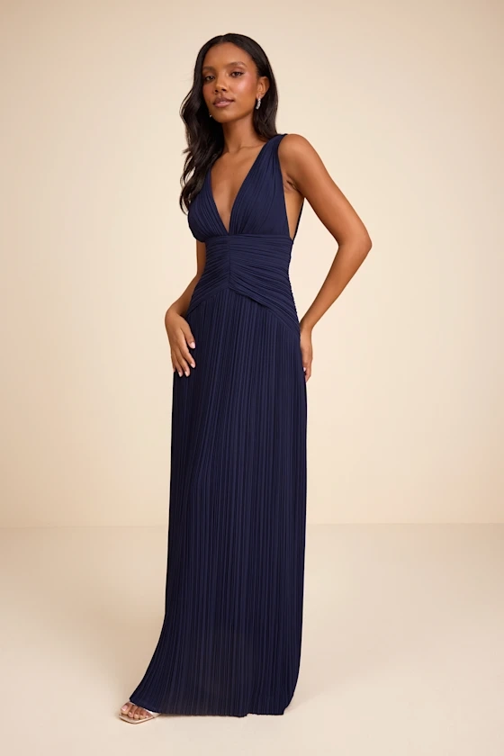 kelina navy blue pleated drop waist maxi dress