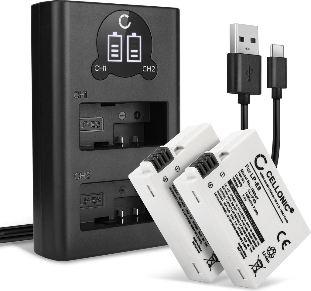 2x lp-e8 batterier til canon 600d eos 700d eos 550d eos 550d eos 650d eos kiss x4 x5 x6i eos rebel t2i t3i t4i t5i - 1020mah dslr lpe8-batteri til udskiftning + usb lcd dobbelt oplader