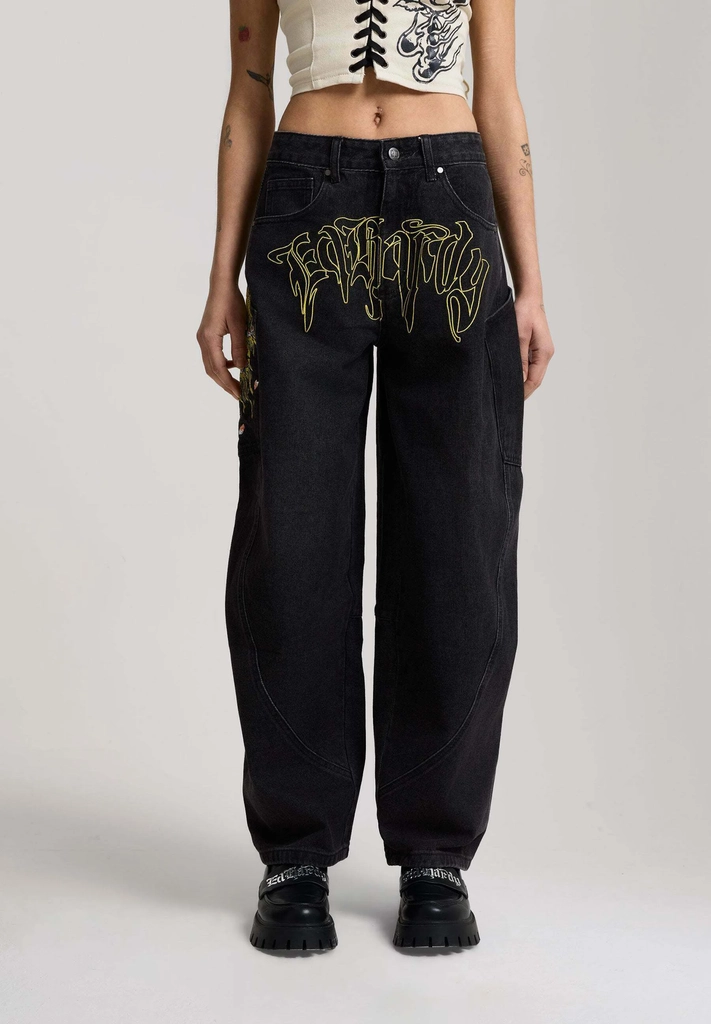 womens gothic skull relaxed balloon jeans - baggy jeans - black