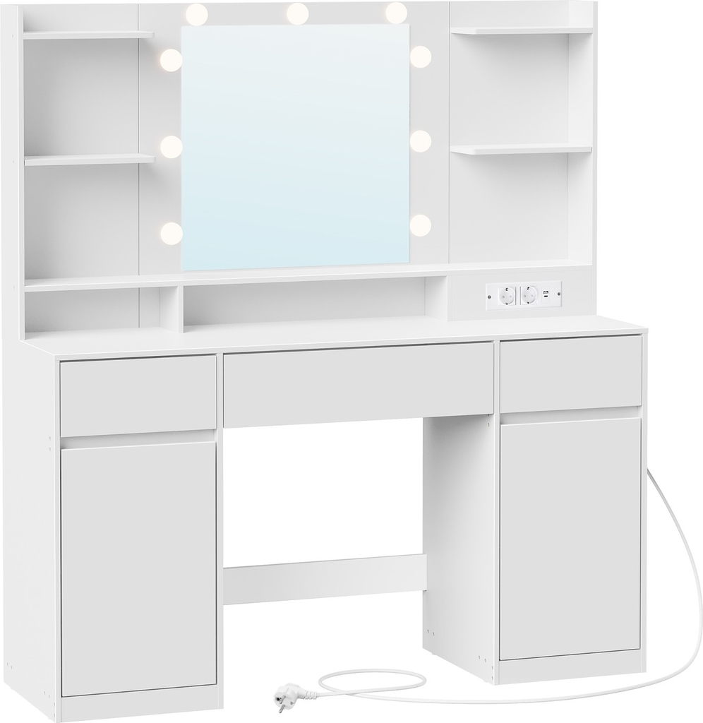 makeupbord med spejl og led – kailyn, 2 skabe, 3 skuffer, 5 hylder, 9 dæmpbare pærer, skydebeslag uden værktøj – cloud hvid