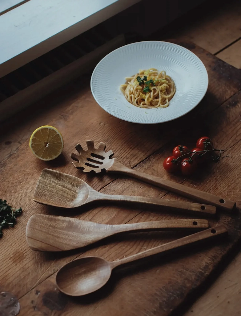 utensil set acacia wood 4 pcs pasta ladle, spatula, ladle/spatula - suppeskeer & skeer