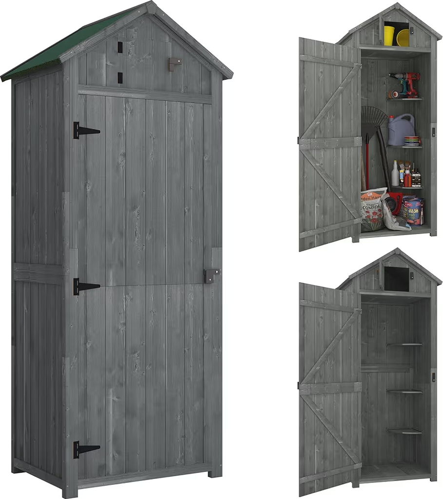outsunny havehus i træ, vejrbestandigt værktøjsskur 77x54,2x179cm, værktøjs hus med dør, kalottetag, værktøjsskabs med hylder, værktøjsskur til have, terrase, grå+grøn
