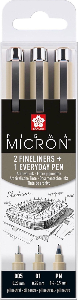 Sakura Pigma Micron Fineliner Sæt - 005, 01, PN, Sort - 3 stk.