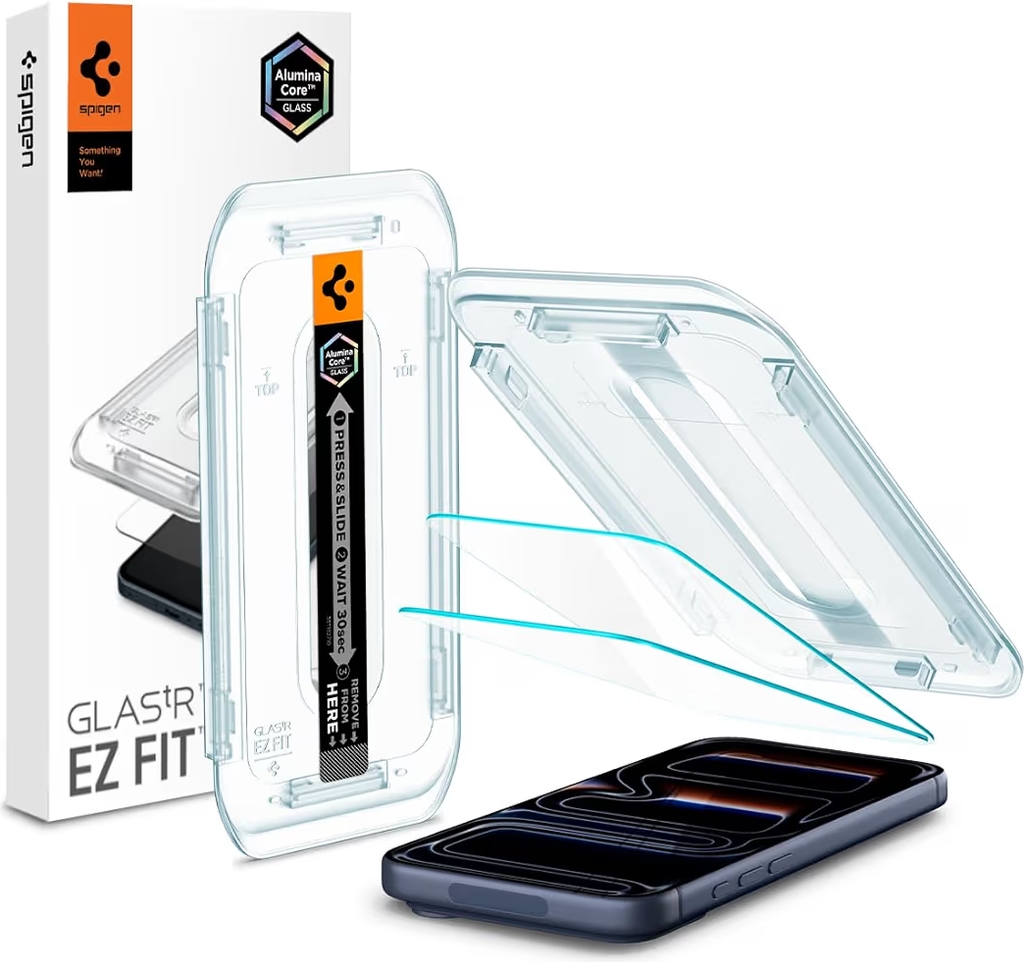 iphone 17 / 17 pro / 16 pro spigen ez fit glas.tr skærmbeskyttelse - 2 stk. - case friendly - gennemsigtig