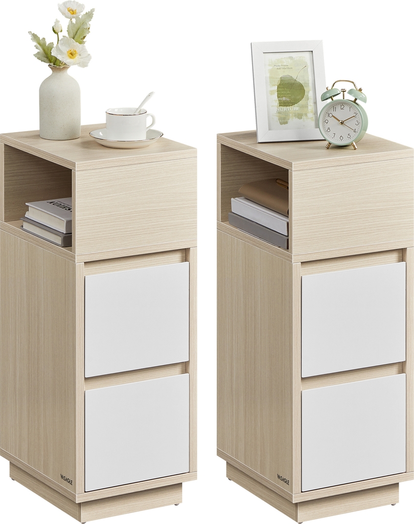 VASAGLE KAILYN Kollektion - Smala nattduksbord, Set med 2 små smala sidobord med lådor, Flexibel öppen yta, för sovrum, vardagsrum, Naturbeige och Molnvit LET856N01