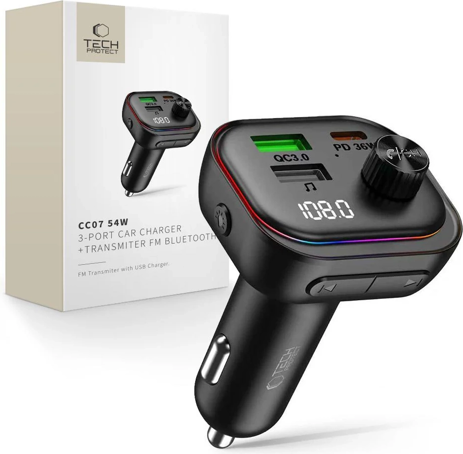 Tech-Protect CC07 3-Port Bluetooth Biloplader Sort