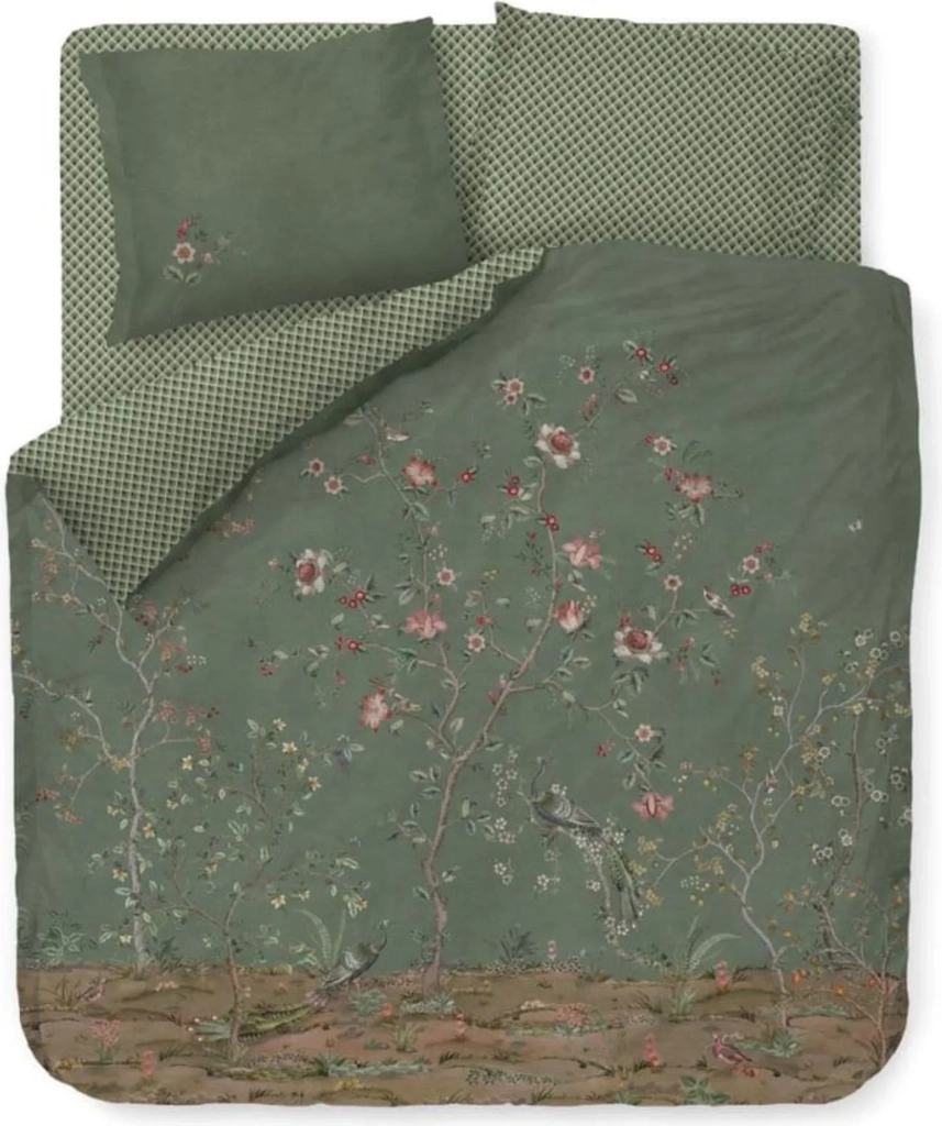 Blomstret dobbelt sengetøj 200x220 cm - Grønt vendbart sengesæt i 100% blød bomuld - Okinawa green - Pip Studio sengelinned