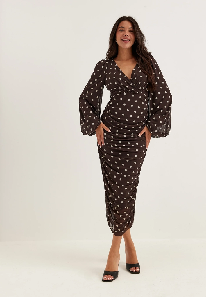 Bubbleroom Mesh Wrap Ankle Dress - Brown - XS