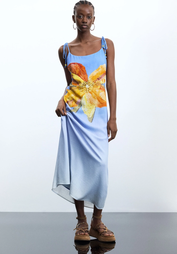Desigual, Printed long dress, Viscose, Blue, L