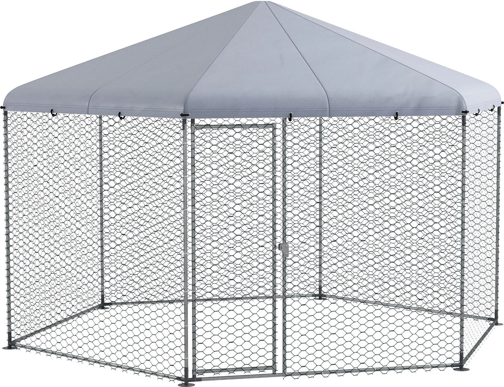 pawhut friland hønsehus 400 x 346 x 263 cm i stål, hønsebur med dæk, dør, hønseindhegning til 10-15 høns, små dyr & planter sølv