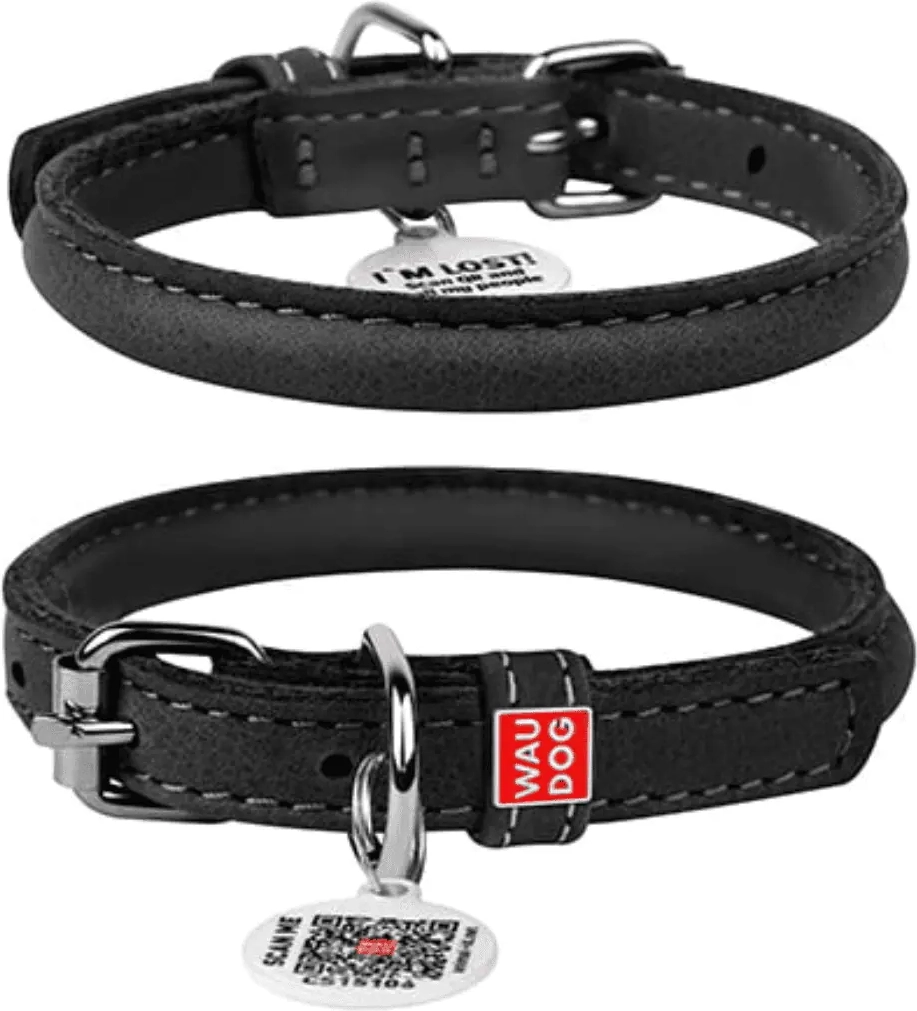 Waudog Soft Rundsyet Læderhalsbånd – Sort - 17-20 cm.