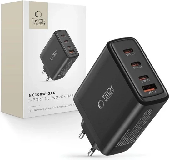 Tech-Protect NC100W-GAN vægoplader 4-port 100W QC3.0 - Sort