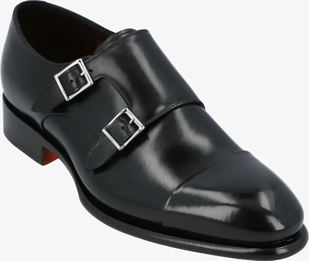 Santoni Men's Polished Brown Leather Double Monk Straps Shoe - Black - 40