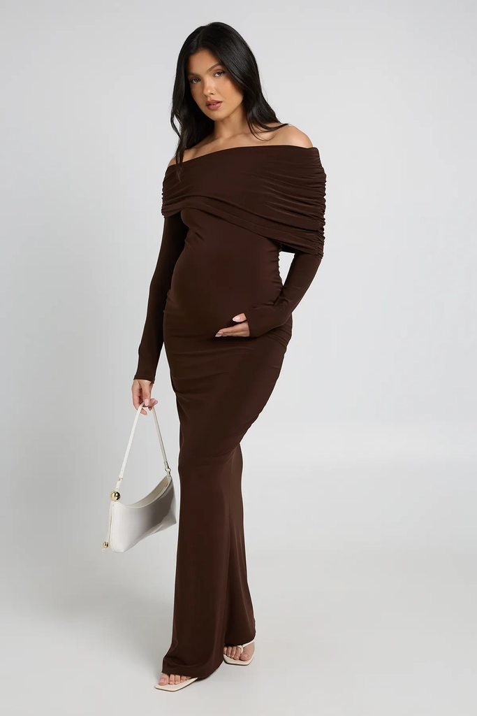 boohoo Dam Maternity Double Slinky Bardot Long Sleeve Maxi Dress - Chocolate