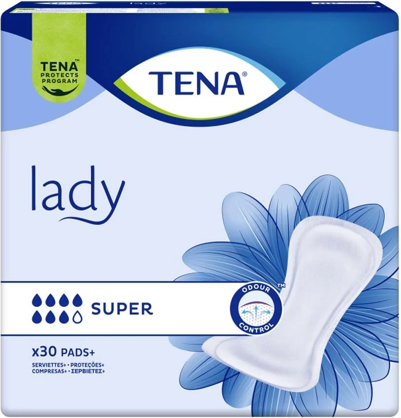 Inkontinens bind med høj sugeevne til kvinder - diskret design | Tena Lady Super, 30 stk.