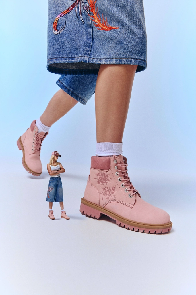 womens worker boot - wild roses - pink