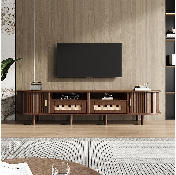 ovalt tv-bord med 2 skuffer i rotting + 2 skydelåger - 170 x 40 x 40 cm - mdf + metal - mørk natur