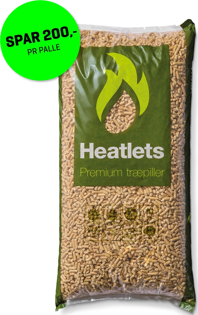 heatlets premium træpiller 6 mm · 10 kg pr. pose · 900 kg pr. palle