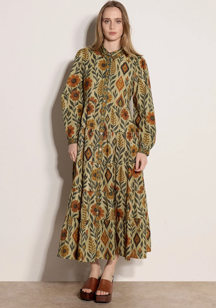 floral leaves tiered shirt midi dress - skjortekjole - green