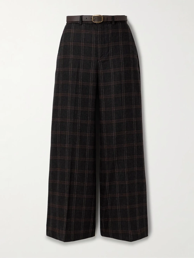 monroe belted checked wool-blend wide-leg pants