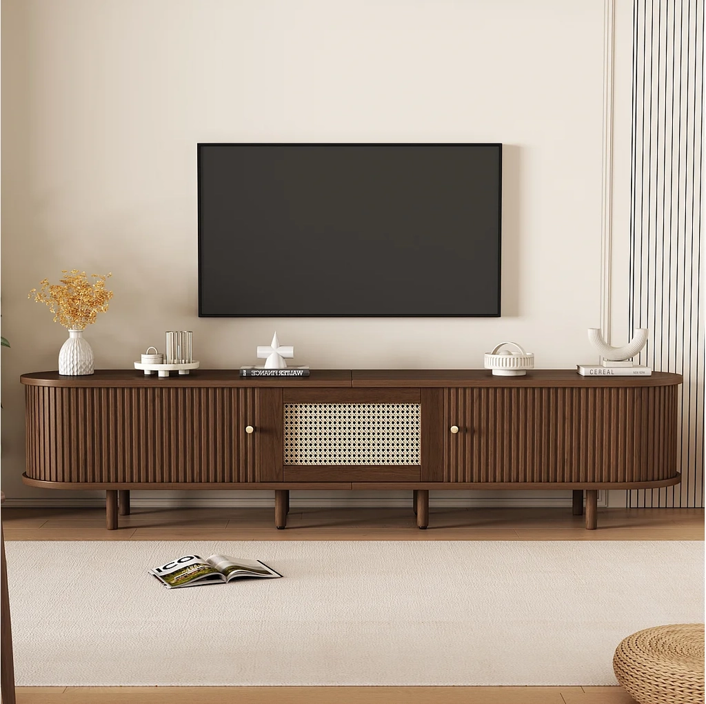 ovalt tv-bord med 2 skydelåger og 1 skuffe i rotting - 180 x 40 x 40 cm - mdf-træ - mørk valnød