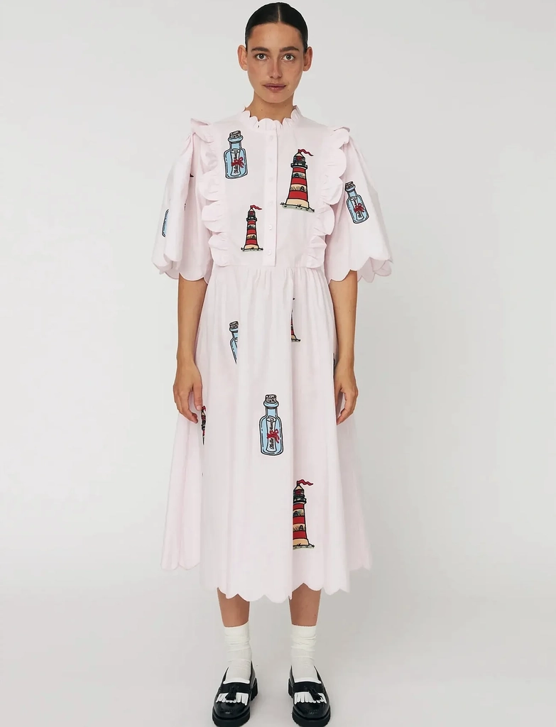 embroidered midi dress with scallops
