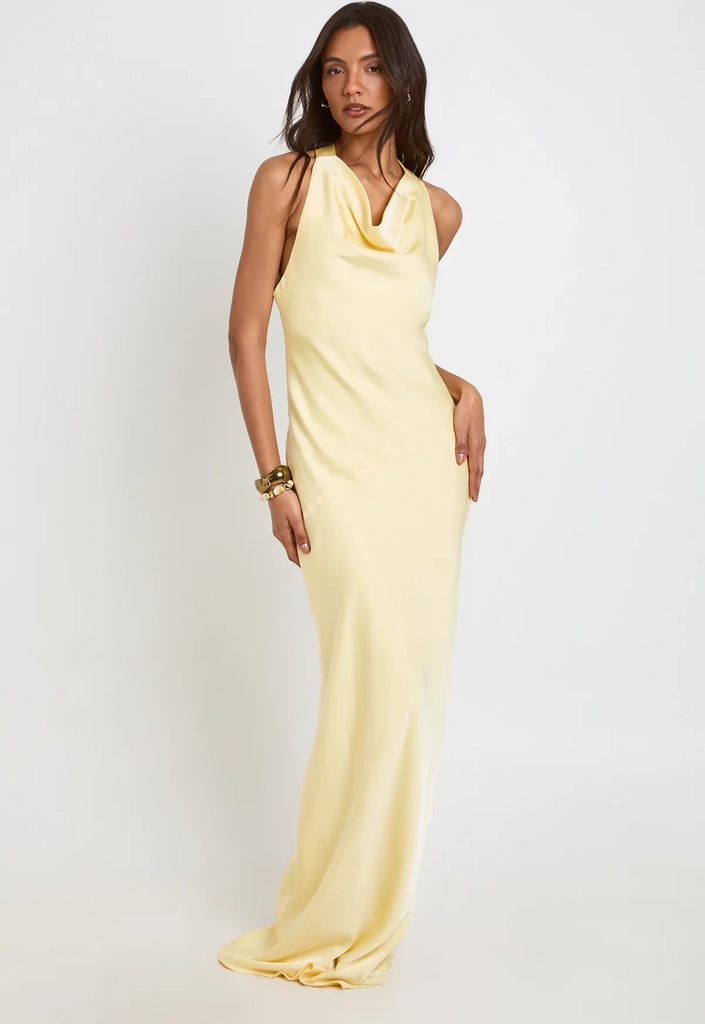 boohoo Dam Lång Draperad Maxiklänning Satin Med Öppen Rygg - Citron