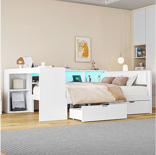 børnekombinationsseng - 140 x 200 cm - med opbevaringshylder + 2 skuffer + led-lys + bord - mdf - hvid