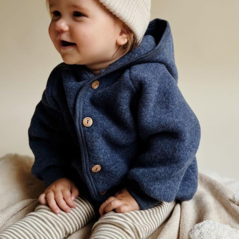ENGEL Natur Fleece Cardigan with Hood - Blue Melange (575520-080)