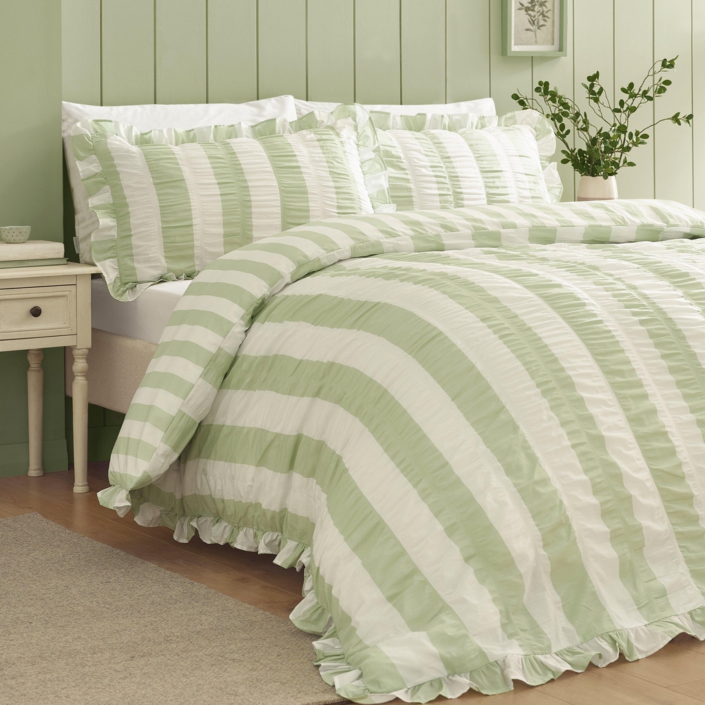 catherine lansfield seersucker frill stripe duvet cover set