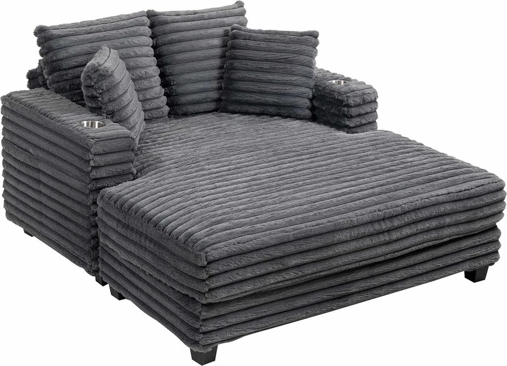 homcom 2-personers sovesofa med chaiselong, gråt kordfløjl, pyntepuder, armlæn og kopholdere – 134 x 151 cm