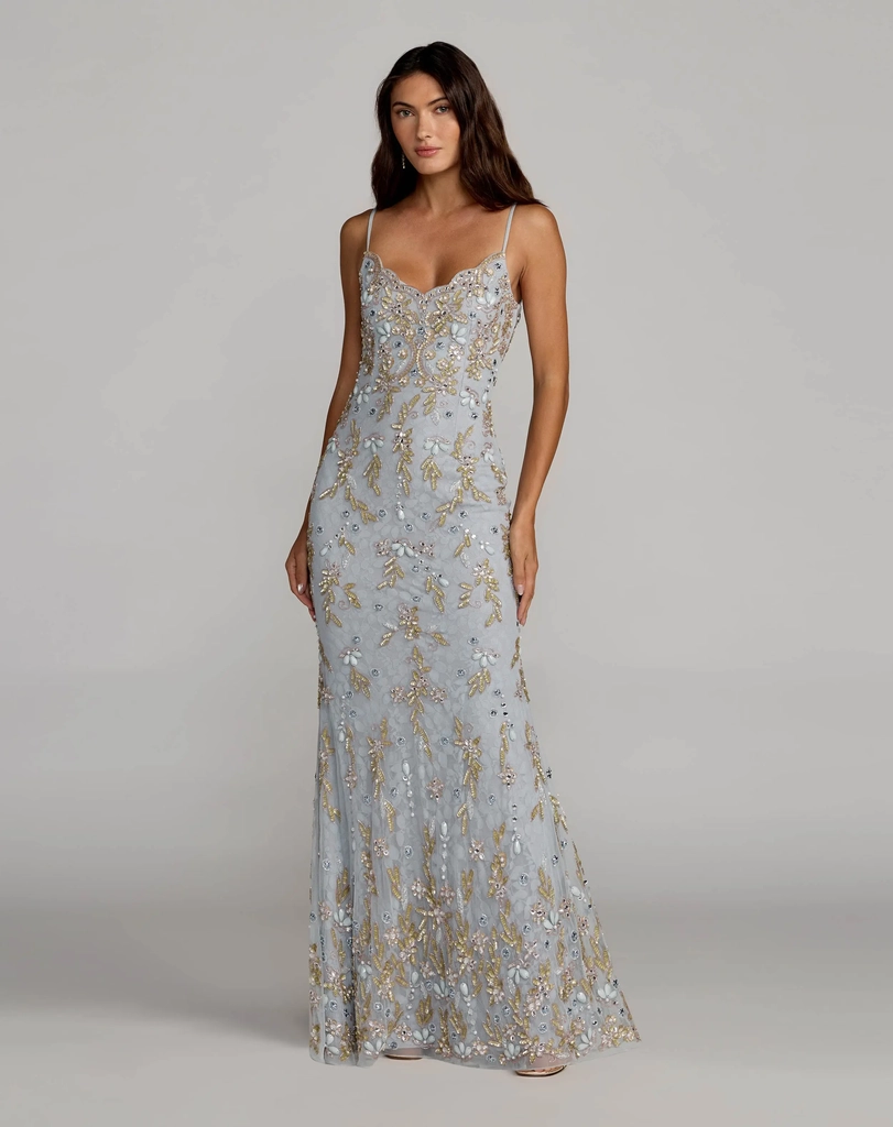 blue embellished lace sleeveless gown