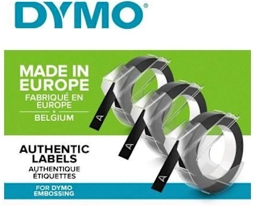 DYMO-paket med 3 3D-band i blister, blank finish, 9 mm x 3 m, svart