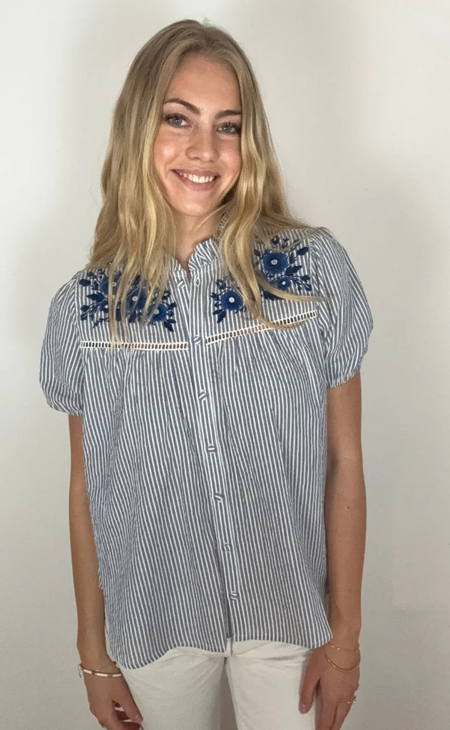 continue bluse - camilla - blue stripe blue embroderi