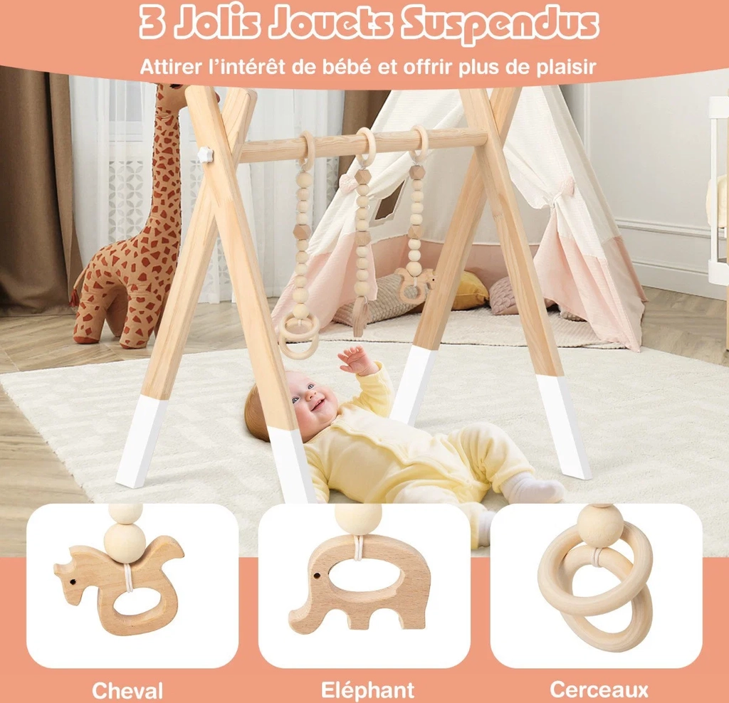 træbabygym, foldbar legeramme med 3 hængende legetøj