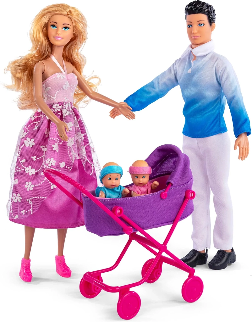 dukke familie - familiepakke med judith, jack, tvillinger i barnevogn og tilbehør