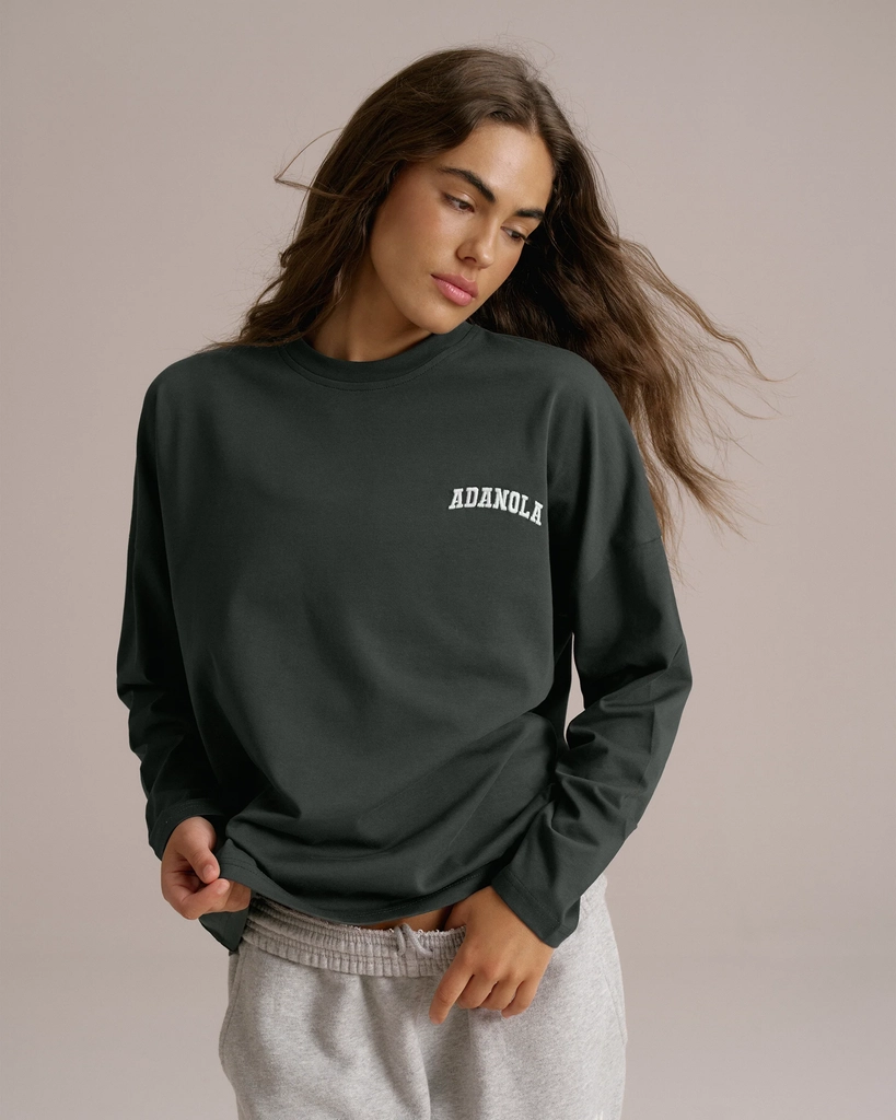 varsity long sleeve drop shoulder t-shirt - moss green/marshmallow white