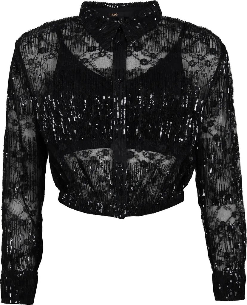 Maje Pleated Lace Cropped Shirt - Black - 36