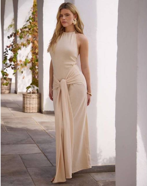 South Beach Natural Knitted Sash Tie Maxi Dress