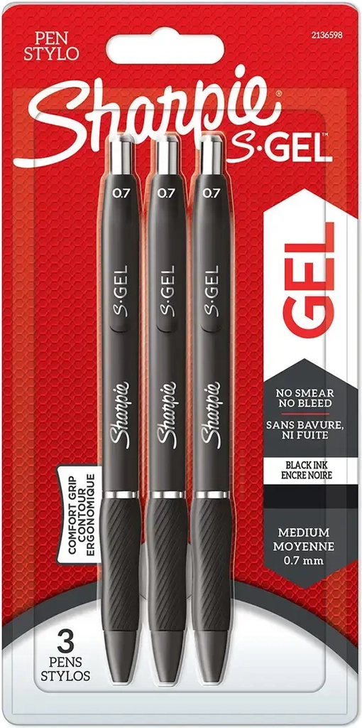 Sharpie S-Gel | Gelpenne | Medium spids (0,7 mm) | Sort blæk | 3 styk