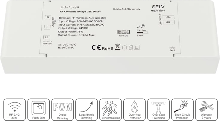 driver 24v 75w dæmpbar rf 24ghz push dæmp ac/dk adapter