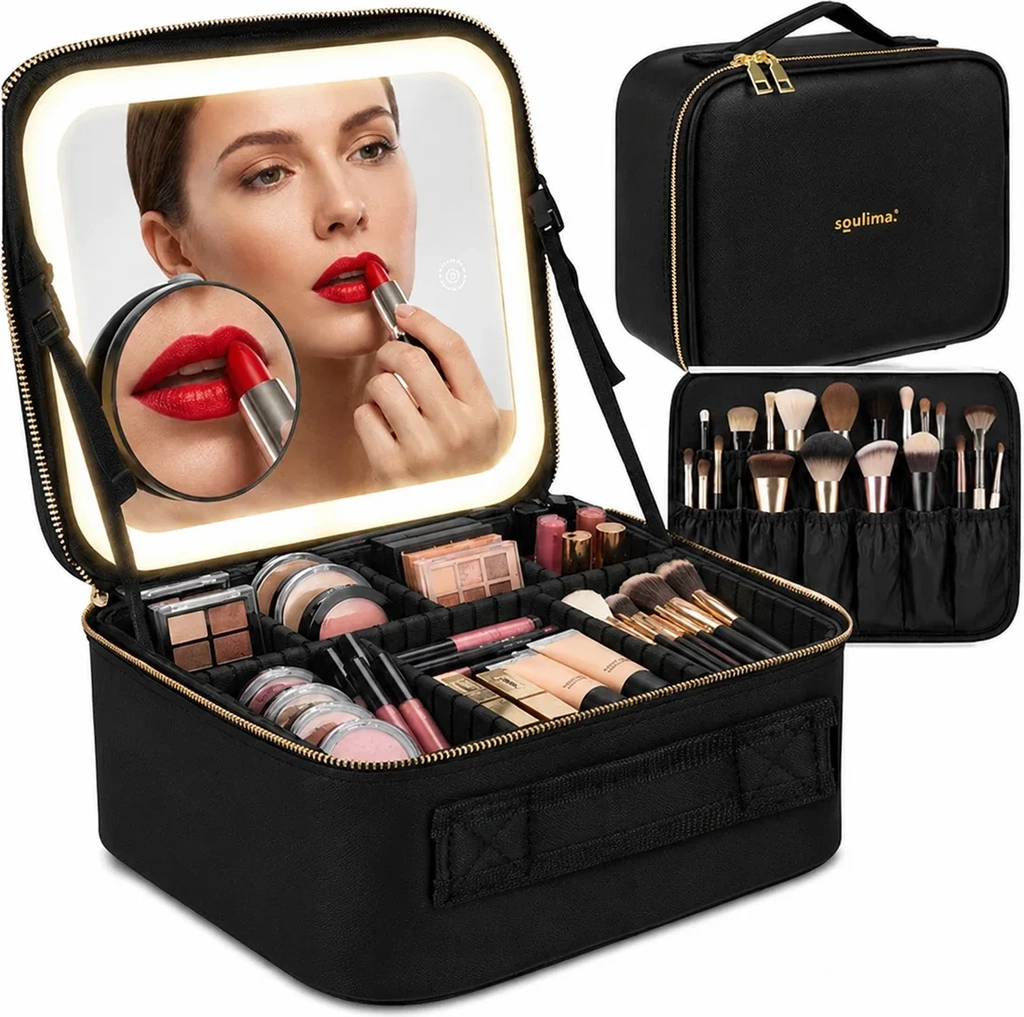 Soulima Makeup Spejl Med Lys Kosmetikkuffert LED USB-C