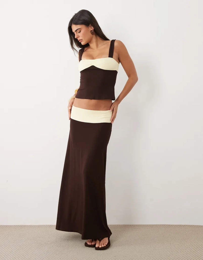 Motel Olie Maxi Skirt Set - Brown Yellow
