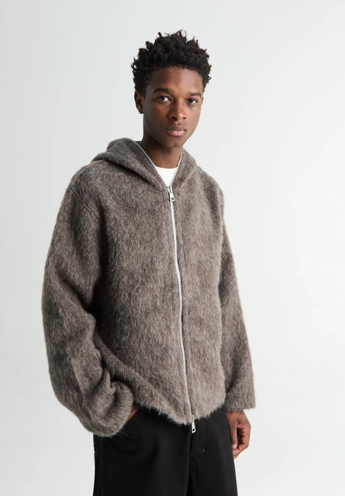 full zip hood in mole grey hairy wool
